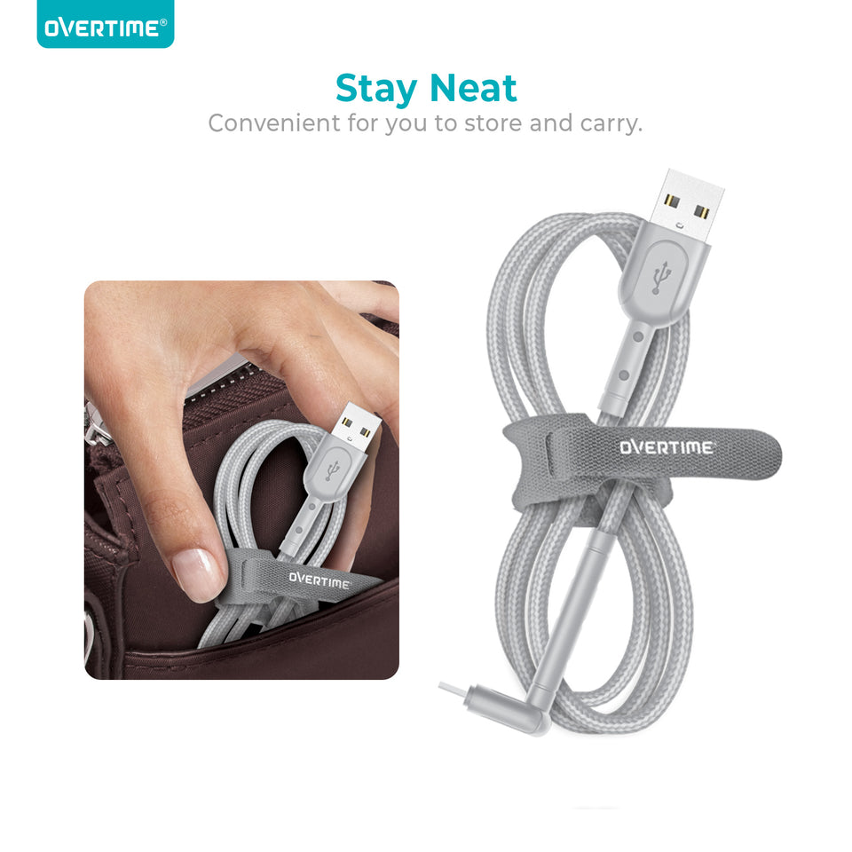 Overtime 2 in 1 USB Type C Braided Charging Cable Stand with Cable Organizer - Silver