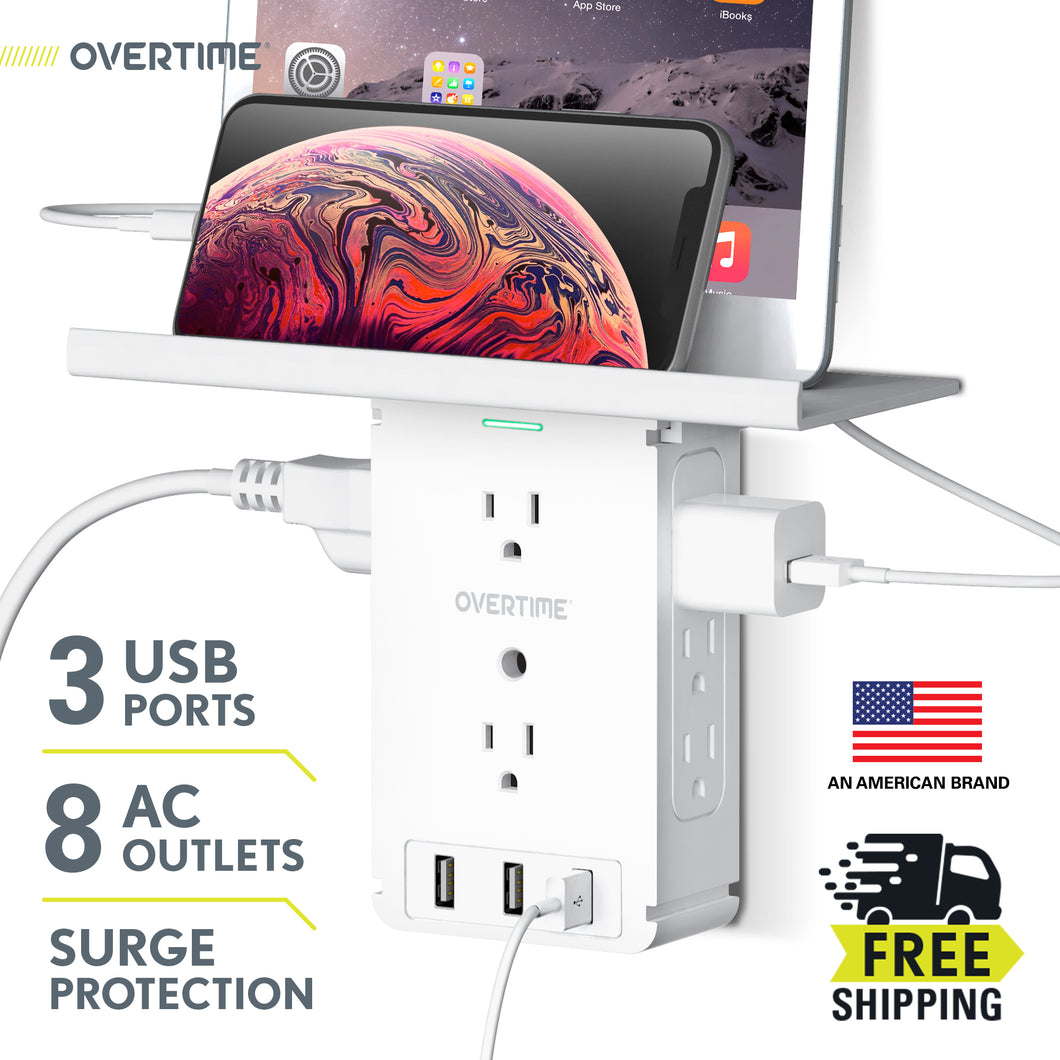 Overtime Socket Shelf 11 Port Wall Charger Surge Protector with 8 AC Outlets and 3 USB Ports - Built-In Phone Stand – White