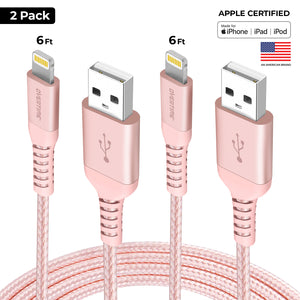 [2 Pack] Overtime Lightning Cable Charger (6 ft) MFi Certified Lightning USB Charging Data Cable - Rose Gold