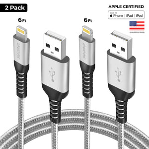 [2 Pack] Overtime Lightning Cable Charger (6 ft) MFi Certified Lightning USB Charging Data Cable - Silver