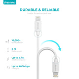 [2 Pack] Overtime Lightning Cable Charger (4 ft) MFi Certified Lightning USB Charging Data Cable - White
