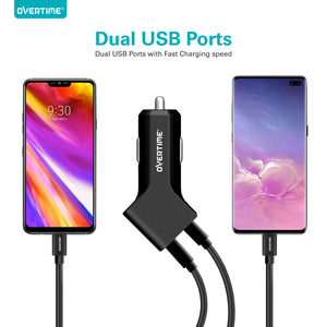 Overtime 2.4 AMP Dual Port USB Car Charger With 6Ft Type C Cable