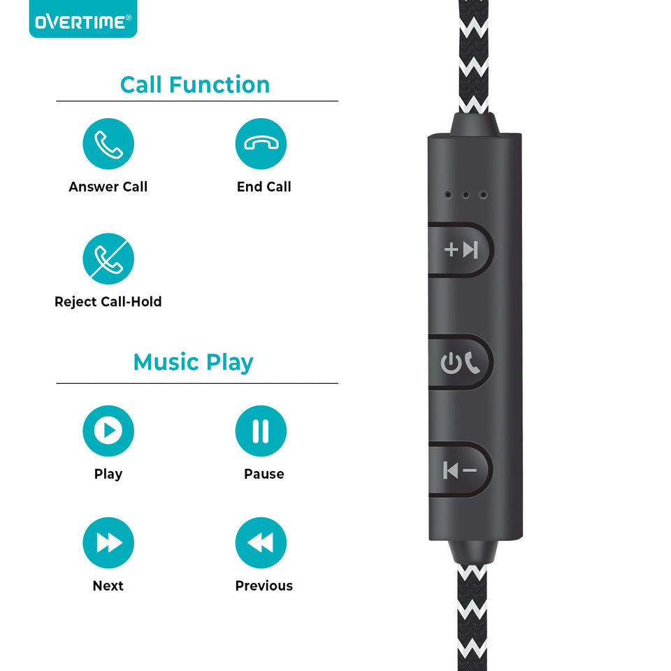 Overtime Wireless Bluetooth Sport Gym Neckband Headphones Headset Earbuds Earphones with Microphone - Black