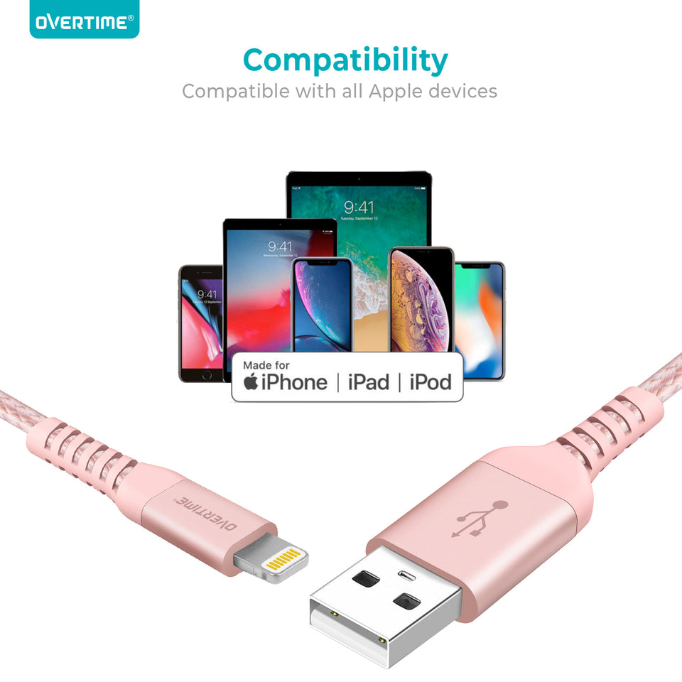 [2 Pack] Overtime Lightning Cable Charger (6 ft) MFi Certified Lightning USB Charging Data Cable - Rose Gold
