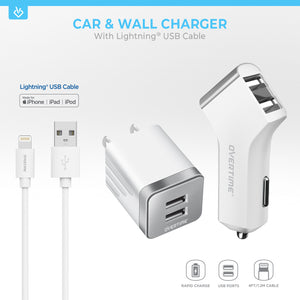 Apple MFI Certified USB Wall & Car Charger with Lightning Cable