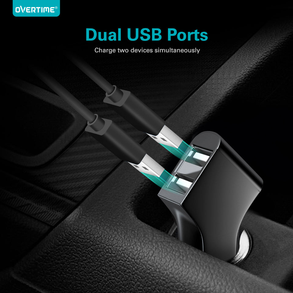 Overtime 2.4 AMP Dual Port USB Car Charger With 6Ft Type C Cable